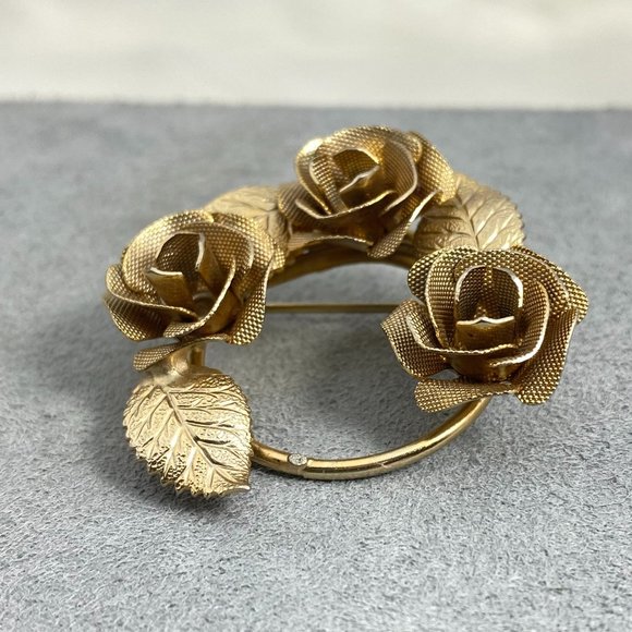 Vintage Judy Lee Gold Tone Mesh Rose Wreath Brooch - Picture 3 of 6